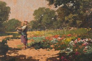 Neogrády László (1896-1962): Lány virágzó réten. Olaj, karton. Jelezve balra lent. Dekoratív fakeret...