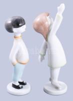 Hollóházi zsebredugott kezű kisfiú + nyújtózkodó kislány. Terv.: Káldor Aurél. Jelzett, hibátlan, m:...