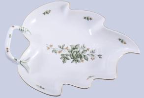 Hollóházi Erika mintás levél alakú kínáló, jelzett, hibátlan, 23x18 cm