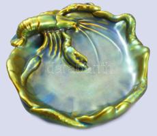 Zsolnay eozin mázas névjegykártyatartó, rákkal küzdő kígyó alakjával, jelzett, hibátlan, d: 18,5 cm