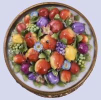 Antik német bonbonier, gazdag plasztikus gyümölcs díszítéssel, réz szerelékkel, kis sérüléssel, d: 9...