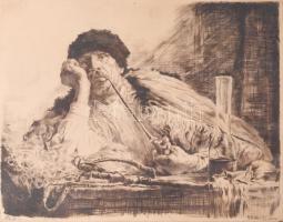 Prihoda István (1891-1965) - Glatter Gyula (1886-1927): Ivóban (Pipázó kocsis). Rézkarc, papír, jelzett a karcon, laps széle foltos, üvegezett fakeretben, 23×29 cm