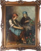 Szász István (1878-1965): Menyecskék. Olaj, vászon, jelzett. Dekoratív, kissé sérült fakeretben, 80×60 cm