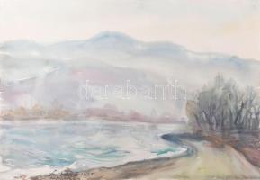 Szitás Erzsébet (1915-2005): Nagymaros (Duanakanyar), 1975. Akvarell, papír, jelzett. Üvegezett fakeretben, 36×48 cm