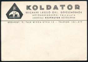 Koldator - Reichard László okl. gépészmérnök Hűtőberendezési Vállalata levelezőlap, hátoldalon számlával