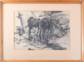 Endrédy György (1910-1988): Abrakoló lovak, szén, papír, jelzett, üvegezett fakeretben. 29×42 cm