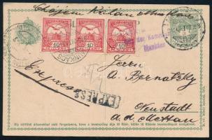 1915 5f díjjegyes expressz levelezőlap 3 x 10f kiegészítéssel, cenzúrával "MUNKÁCS"