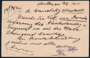 1915 5f díjjegyes expressz levelezőlap 3 x 10f kiegészítéssel, cenzúrával "MUNKÁCS"