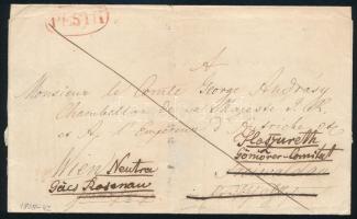 1828-1842 Félportós levél, piros "PEST" (Rompes 200p) - Freiwaldau, majd utánküldve Hosszúrét, hátoldalon "abgereißt" kézírás