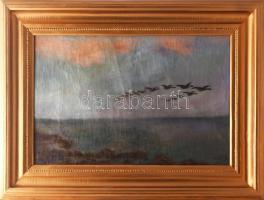 Pálfy József (1864-1934): Vadlibák a tenger felett, 1918. Olaj, vászon. Jelzett. Restaurált. Dekoratív fakeretben. 40x60 cm