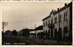 Zsibó, Jibou; Unió szálloda, étterem és kávéház, Kovács Jolán illatszertára / hotel, restaurant and café, perfumery shop (EB)