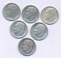 Amerikai Egyesült Államok 1946-1964. 10c Ag "Roosevelt" (6xklf) T:XF,VF patina USA 1946-1964. 10 Cents Ag "Roosevelt" (6xdiff) C:XF,VF patina Krause KM#195