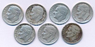 Amerikai Egyesült Államok 1946-1964. 10c Ag "Roosevelt" (7x) T:XF,VF patina USA 1946-1964. 10 Cents Ag "Roosevelt" (7x) C:XF,VF patina Krause KM#195