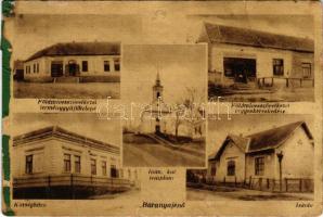 1953 Baranyajenő, mozaiklap: Földmívesszövetkezet terménygyűjtőtelepe, vegyeskereskedése, községháza, római katolikus templom, iskola. Horváth kiadása + "M.POSTA 237" vasúti mozgóposta bélyegző (b)