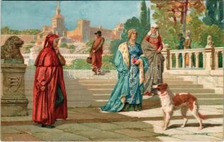 Incontro di Petrarca e Laura in Avignone. E. Sborgi, Simonetti / Italian art postcard: Petrarca meeting Laura in Avignon