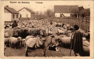 1918 Salutari din Romania. Ciobani / Román juhász / Romanian folklore, shepherd + "K.u.k. Feldpostamt 411." + "K.u.k. Etappenstationskommando Ramnicul-Sarat" (EB)
