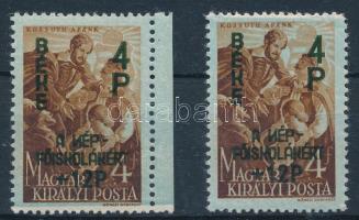 1945 Béke (I.) 2 db 4P/4f mindkettő fordított N betű tévnyomattal, hiányos alapnyomattal (12.000)