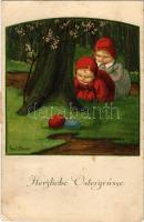 1926 Herzliche Ostergrüsse. August Rökl Nr. 1309. / Easter greeting art postcard with children and coloured eggs s: Pauli Ebner (EB)