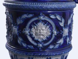 Régi fajansz vizes korsó, ón fedéllel 32 cm