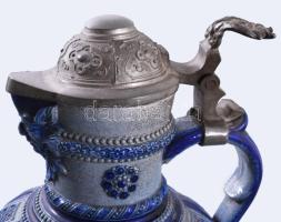 Régi fajansz vizes korsó, ón fedéllel 32 cm