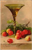 1913 Still life art postcard with cherry. Meissner &amp; Buch Künstler-Postkarten Serie 1610. "Tafelfreuden" litho s: C. Klein (EK)