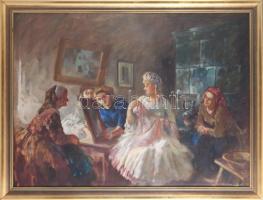 Péczely Antal (1891-1944): Társaság. Olaj, vászon, jelezve jobbra lent. Egészen apró felületi sérülésekkel. Dekoratív fakeretben, 58x78 cm