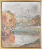 Holló Kornélia (XX. sz.): Esztergomi részlet, háttérben a bazilika, 1950. Olaj, vászon, kartonon, jelezve jobbra lent. Dekoratív fakeretben, 53x46 cm