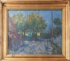 Miháltz Pál (1899-1988): Szentendrei utca, 1957. Olaj, vászon. Jelezve jobbra lent. Hátoldalán autográf felirattal és Képcsarnok Vállalat címkéivel. 42x54 cm. Üvegezett, dekoratív fakeretben.