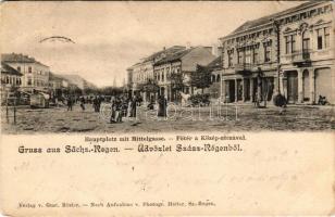 1903 Szászrégen, Sächsisch-Regen, Reghin; Hauptplatz mit Mittelgasse / Fő tér a Közép utcával, Wagner üzlete. Gust. Rösler kiadása, Heiter fényképész felvétele után / main square, street, shops (EB)