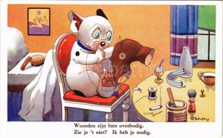 Woorden zijn hier overbodig / Bonzo dog sewing his pants. Valentine &amp; Sons Ltd. Bonzo Postcard 3726. s: G. E. Studdy (EK)