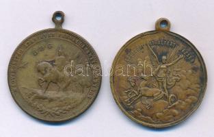 1898. "Istenért Királyért Hazáért / 1848-1898 Szabadság - Testvériség - Egyenlőség - Szabadságharczunk Dicső Emlékére" kétoldalas öntött bronz emlékérem füllel (29mm) + 1896. "Jubileumi emlékérem" aranyozott bronz emlékérem füllel. "MAGYARORSZÁG EZER ÉVES FENNÁLLÁSÁNAK EMLÉKÉRE / ISTEN ÁLDD MEG A MAGYART" (28mm) T:XF-VF