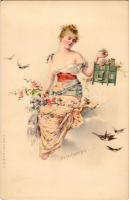 Printemps / Frühling / Art Nouveau lady, spring. A. Sockl (Vienne) Serie III. No. 17. litho