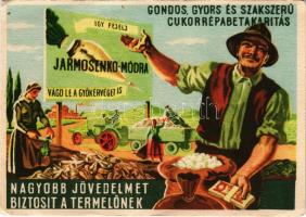 Így fejelj Jarmosenko-módra! Vágd le a gyökérvéget is! Gondos, gyors és szakszerű cukorrépa betakarítás. Felelős kiadó: Tabák Lajos / Hungarian socialist agricultural propaganda (EB)