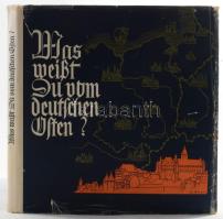 Mindt, Erich - Hansen, Wilhelm: Was weißt du vom deutschen Osten? Geschichte und Kultur der deutschen Ostraumes. Berlin-Ulm, 1942, Ebner &amp; Peters, 196 p. Gazdag fekete-fehér képanyaggal illusztrálva. Német nyelven. Kiadói félvászon-kötés, szakadt kiadói papír védőborítóban.