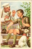 A cserkész takarékos. Cserkész levelezőlapok kiadóhivatala / Hungarian boy scout art postcard s: Márton L. (EK)