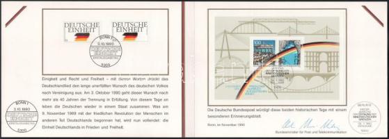 NSZK 1990 Németország egyesítésének alkalmából kiadott sorok, blokkok és FDC-k + emléklap a postaminiszter nyomtatott aláírásával