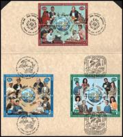 ENSZ 1999 3 klf négyestömb és elsőnapi bélyegzés emléklapon