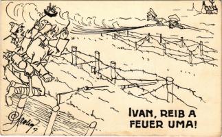 1917 Ivan, reib a feuer Uma! / WWI Austro-Hungarian K.u.k. military art postcard + "Liquidierender Rechnungsführer des K.u.K. 25. Infanterie-Divisions-Kommandos" (fl)