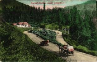 Borszék, Borsec; Borszék-fürdőre vezető szerpentin út, lovaskocsi, automobil / road to the spa, horse-drawn carriage, automobile (EK)