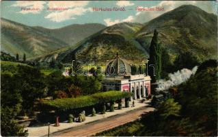 Herkulesfürdő, Baile Herculane; pályaudvar, vasútállomás, gőzmozdony, vonat / Bahnstation / railway station, locomotive, train (r)