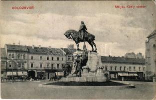 Kolozsvár, Cluj; Mátyás király szobor, Hunwald, Bittó Rezső, Fein, Neumann M. üzlete. Bernát kiadása / statue, monument, shops (EB)