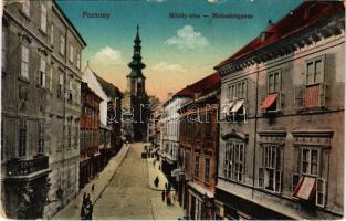 1917 Pozsony, Pressburg, Bratislava; Mihály kapu utca, üzletek. Vasúti levelezőlapárusítás 7. sz. - 1915. / street, shops (EM)