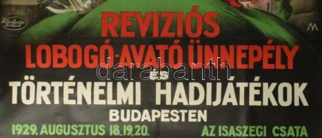 1929 Revíziós logobó-avató ünnepély és történelmi hadijátékok Budapesten, nagyméretű litografált, ir...