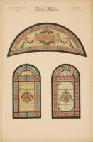 Róth Miksa (1865-1944): Hotel Pannónia szálloda üvegablak tervek ca 1885 (Bp., Rákóczi út 5-7). Akvarell, tus, karton, jelezve 33x49 cm Róth Miksa (1865-1944) kiváló magyar üvegfestő és mozaikművész, aki a magyar szecessziós üvegfestészet és mozaikművészet megteremtőjeként ismert. Művészetét 1885-ben alapított intézetében fejlesztette, és az általa készített üvegablakok és mozaikok számos budapesti és hazai köz- és magánépületben maradtak fenn. Munkásságáért nemzetközi elismerést szerzett, többek között Párizsban és Saint Louis-ban díjazták