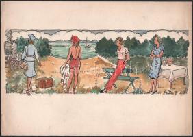 Pálla Jenő (1883-1958): Balatoni strand divat. Akvarell, papír, jelzett 10x30 cm Lapméret 20x30 cm