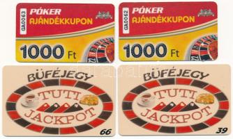 2010 k. Miskolc 1000Ft "Gold Angel Játékterem - Póker Ajándékkupon" műanyag kártya (2db) sorszámkövető + "Tuti Jackpot - Büféjegy" műanyag kártya (2db) T:AU