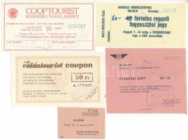 1980-1985 k. 5db-os kupon, étkezési jegy tétel, benne: Volán, Volántourist, IBUSZ, Miskolci Vendéglátóipari Vállalat, Cooptourist T:AU-F