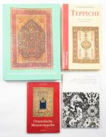 4 db szőnyegekkel kapcsolatos könyv - Gombos Károly: Régi keleti szőnyegek; Erwin Gans-Ruedin: Orientalische Meisterteppiche; Enza Milanesi: Teppiche. Muster, Datierung, Provenienzen. 1997, Orbis Verlag. + Peter Bausback: Antike orientalische Knüpfkunst. Kiadói papír és kartonált kötés, jó állapotban.