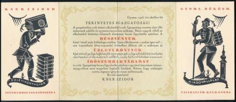 ca 1920 Kner nyomtatvány. ?Kner Izidor könyvnyomdája Gyoma, Békésmegye". kihajtható reklám lepo...