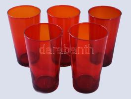Anyagában színezett vörös üdítős pohár garnitúra, 5 darab, hibátlan, m: 13 cm